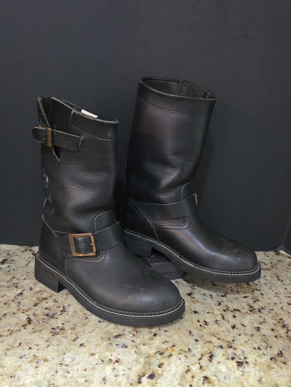 Triumph Black Leather Men's Mid-Calf Moto Boots with Buckle Hardware Size 6